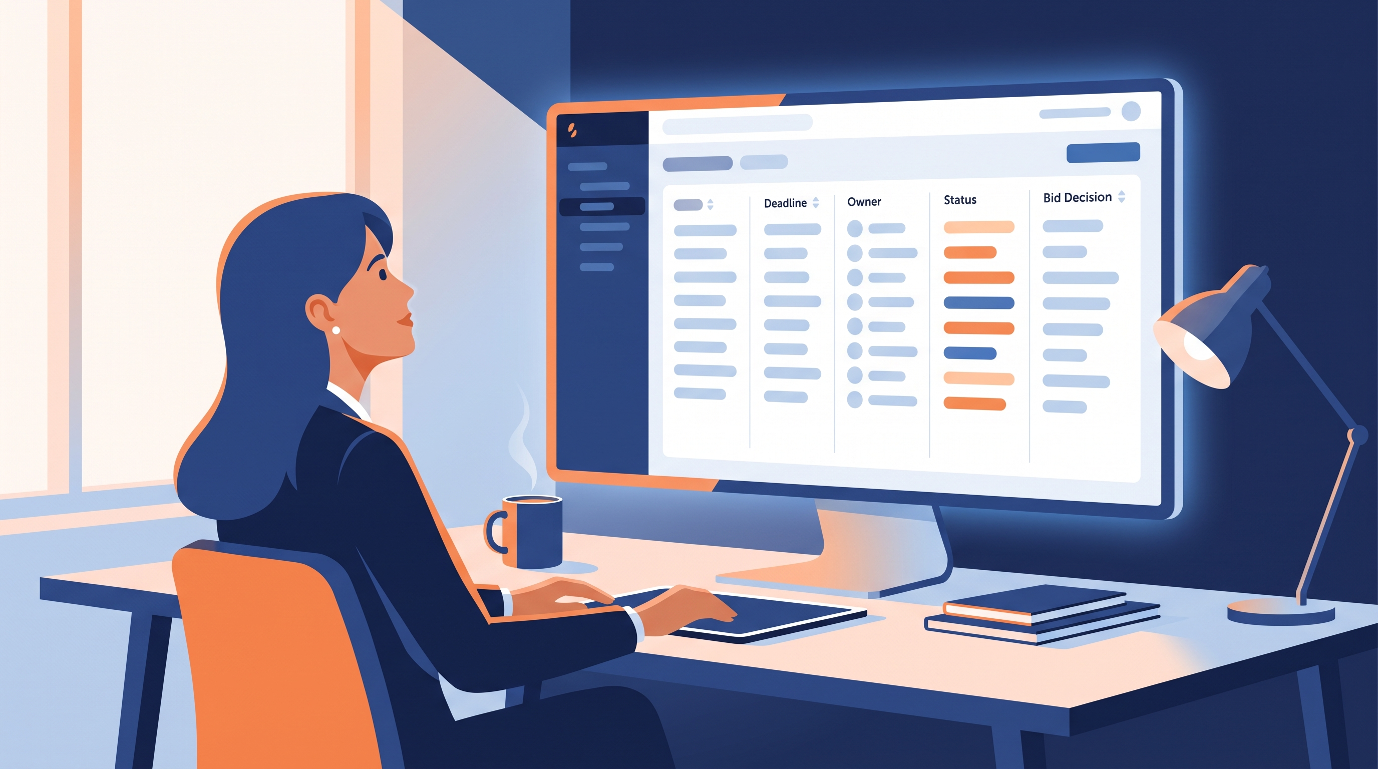 Proposal manager viewing an RFP tracker dashboard with deadline, owner, status, and bid decision columns