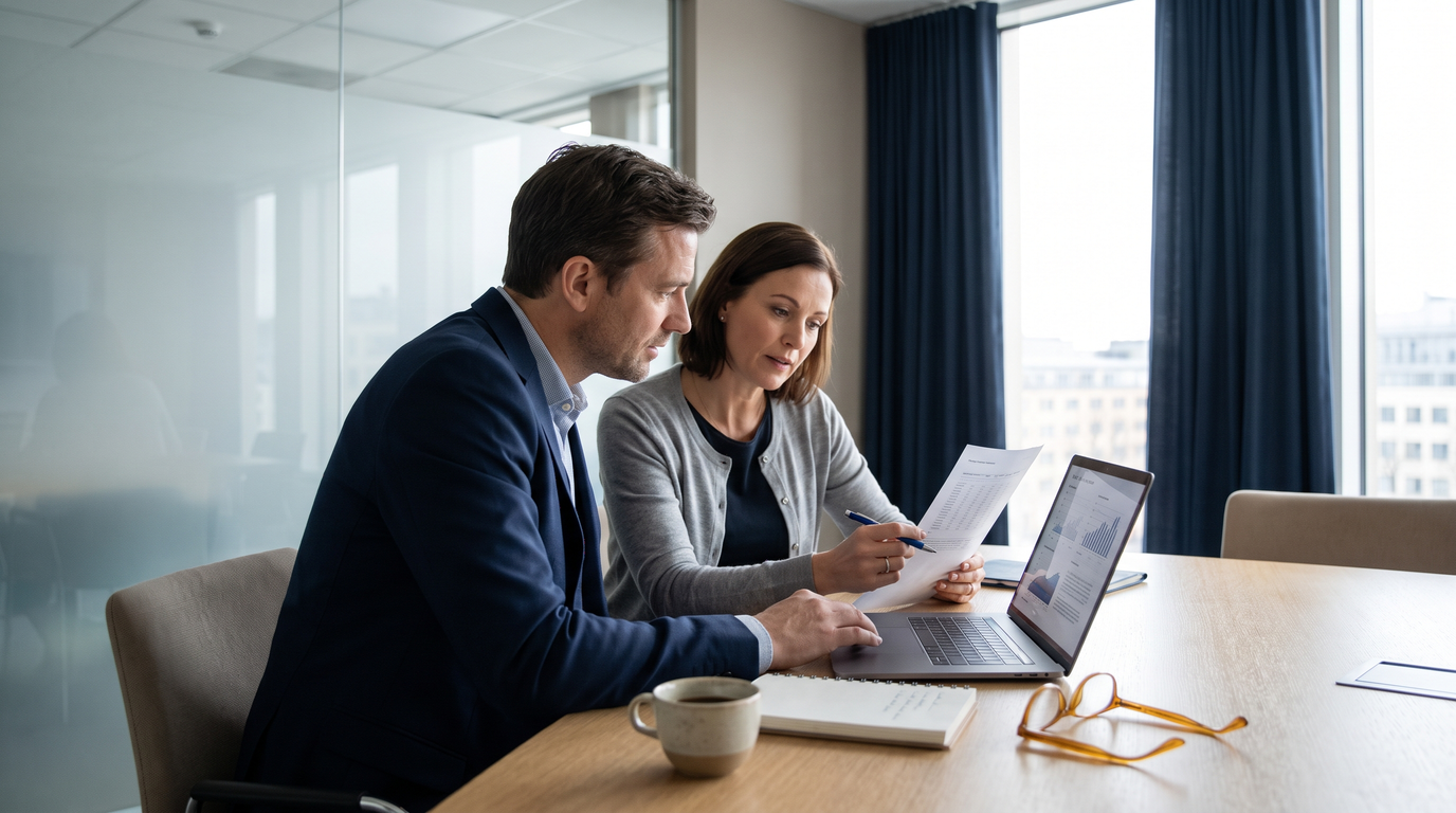 Two colleagues comparing a sources sought notice on screen against a printed requirement summary