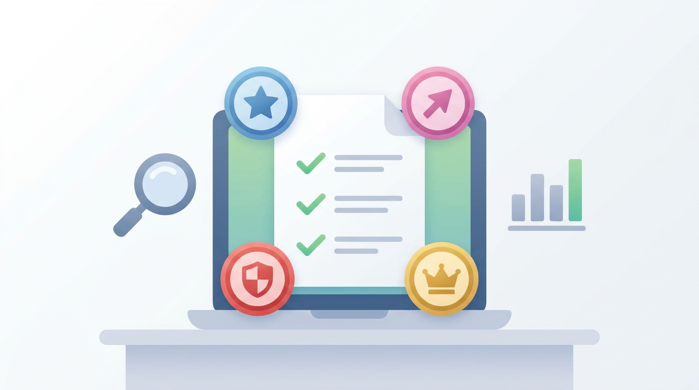 Illustration of a checklist document with blue, pink, red, and gold proposal review stage badges