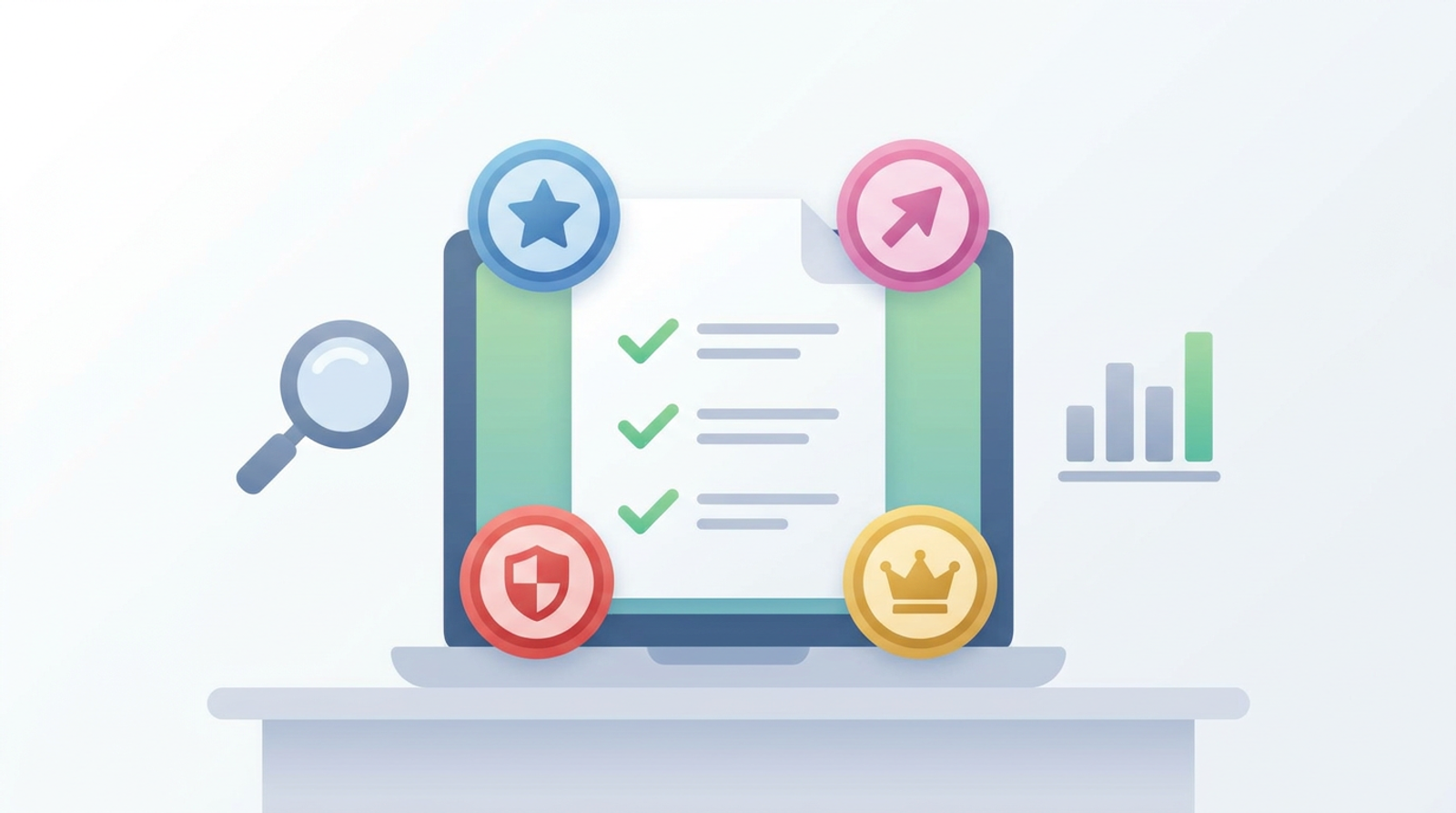Illustration of a checklist document with blue, pink, red, and gold proposal review stage badges