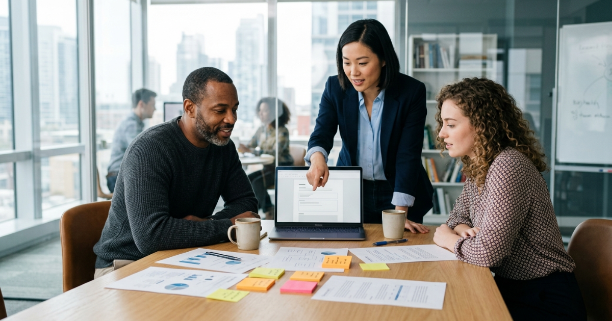 Proposal team members reviewing documents on a laptop and printed pages at a conference table