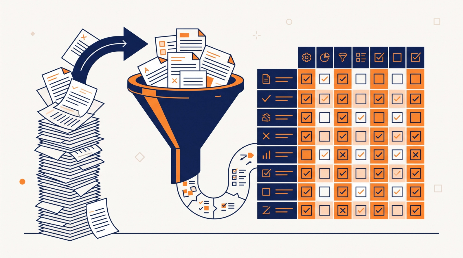 Illustration of RFP pages funneling into a checklist matrix with checkmarks