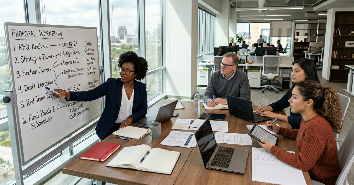 Proposal team reviewing process notes on a whiteboard in a conference room
