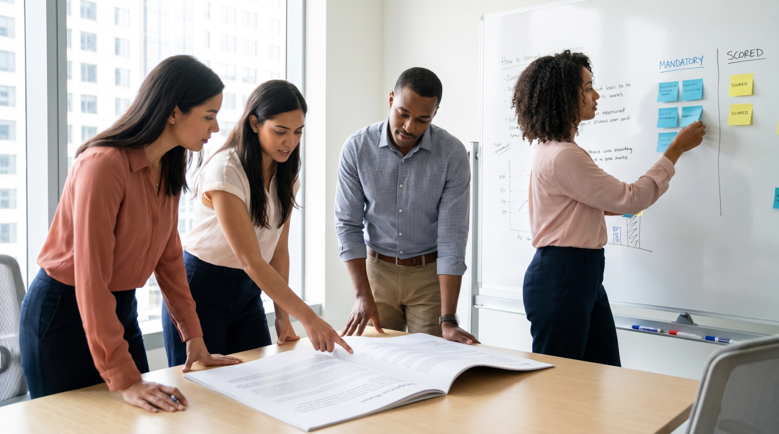 Proposal team sorting mandatory and scored requirements on a whiteboard while reviewing a printed RFP