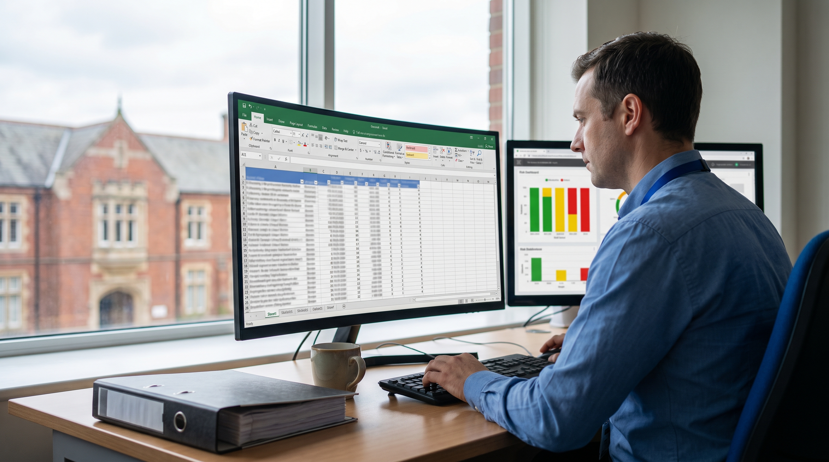 University IT security analyst reviewing a multi-tab HECVAT workbook on a widescreen monitor