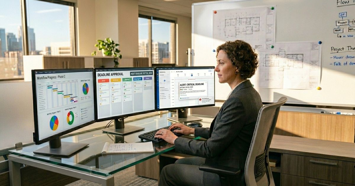 Project manager reviewing RFP workflow stages and deadline tracking on dual monitors