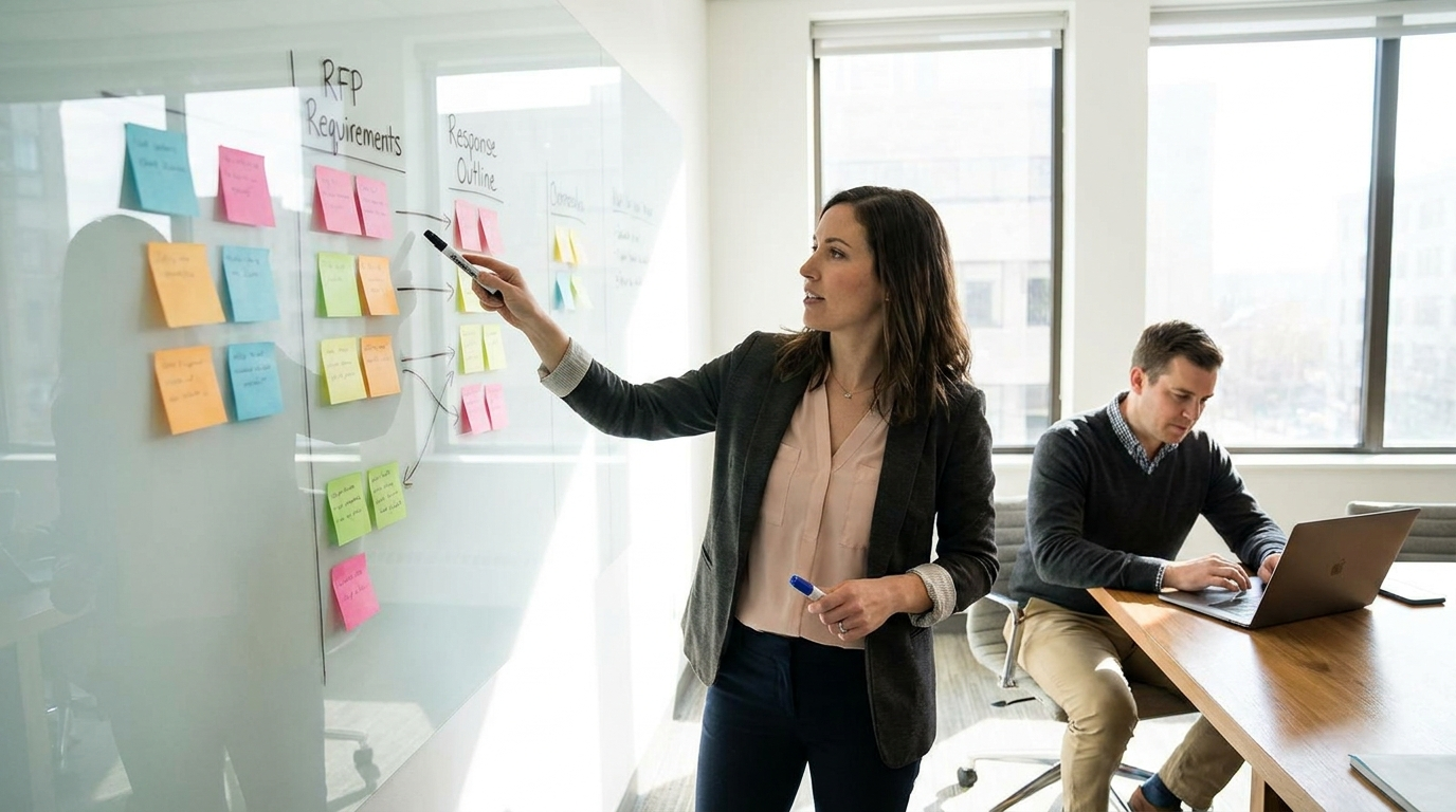 Proposal manager mapping RFP requirements to response sections on a glass whiteboard