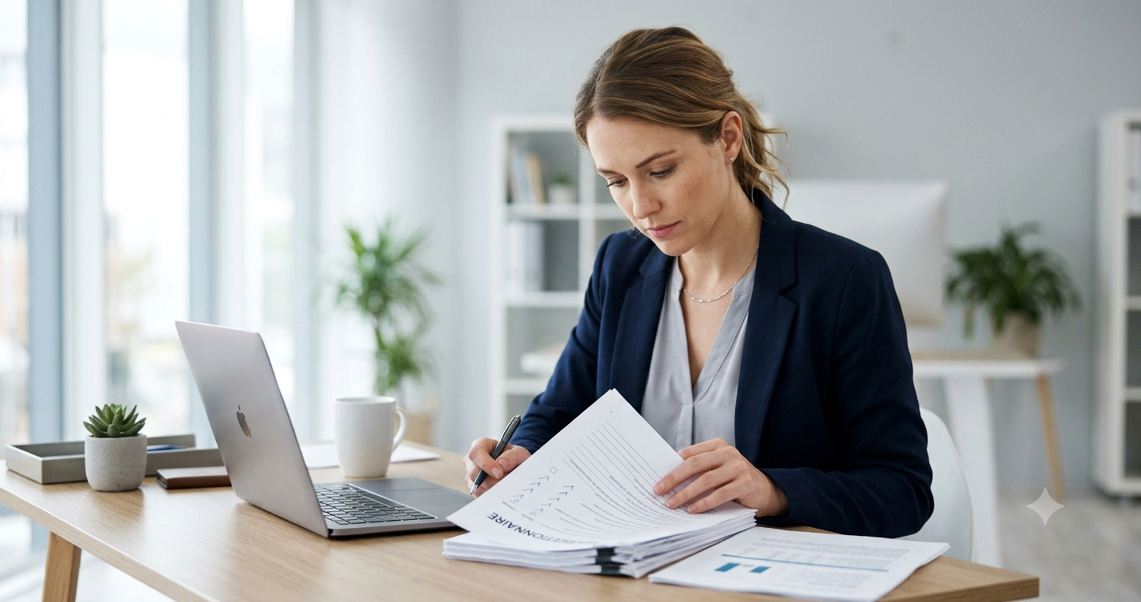 Professional in a navy blazer reviewing a printed questionnaire at a desk with a laptop open nearby