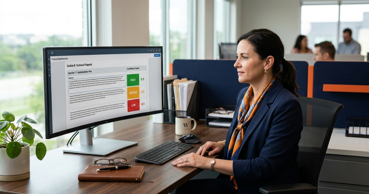 Proposal manager reviewing AI-scored RFP responses on a desktop monitor in a modern office