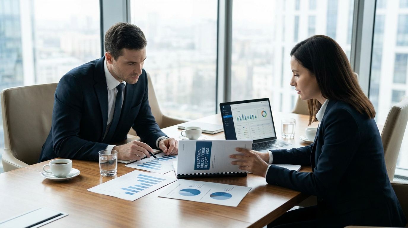 Institutional investor and asset manager reviewing an operational due diligence report across a conference table