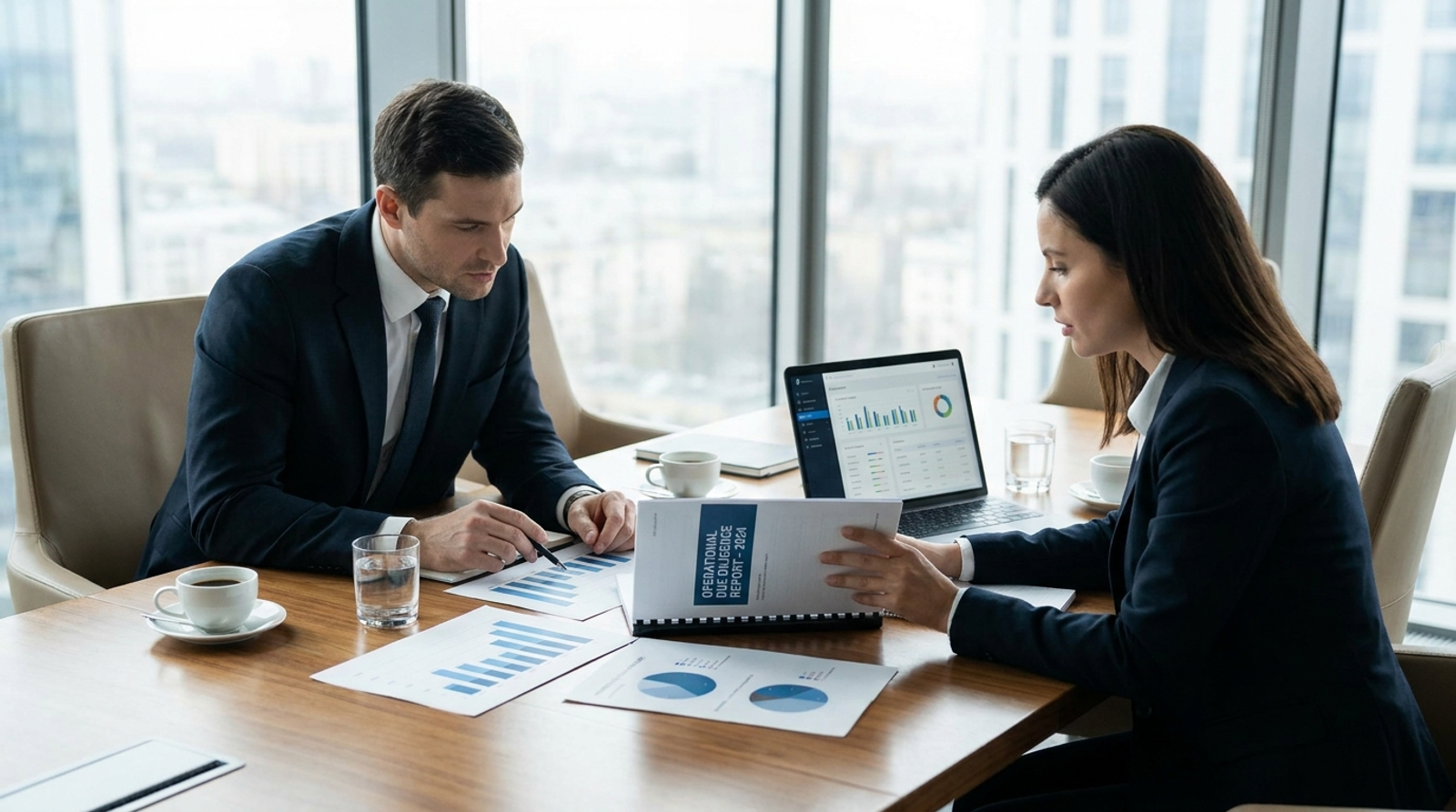 Institutional investor and asset manager reviewing an operational due diligence report across a conference table