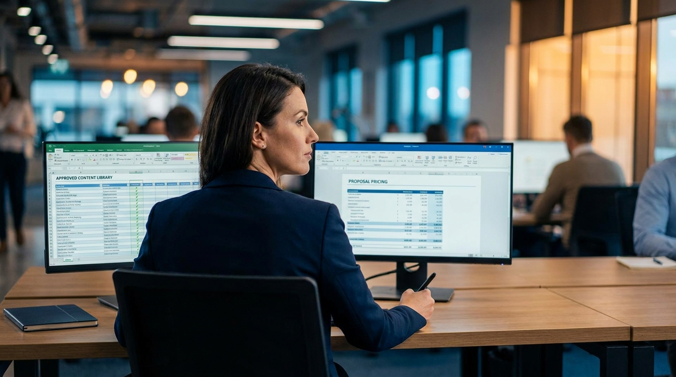 Analyst comparing an approved answer content library and a proposal pricing document on dual monitors