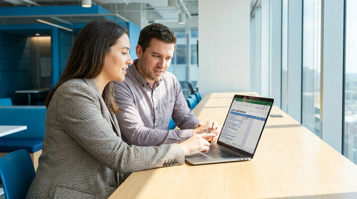 Two colleagues reviewing a multi-tab security questionnaire spreadsheet at a desk