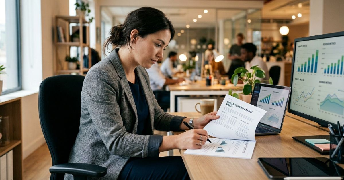 Business professional reviewing a printed proposal at a desk with a data chart on a second monitor.