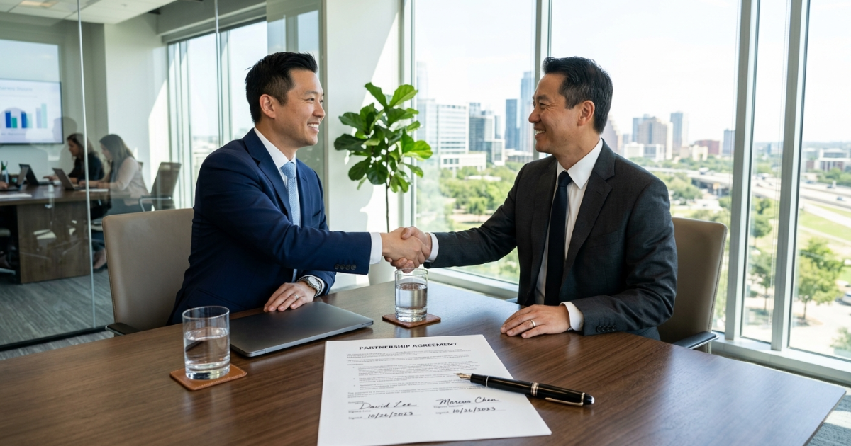 Two professionals shaking hands over a signed contract on a table