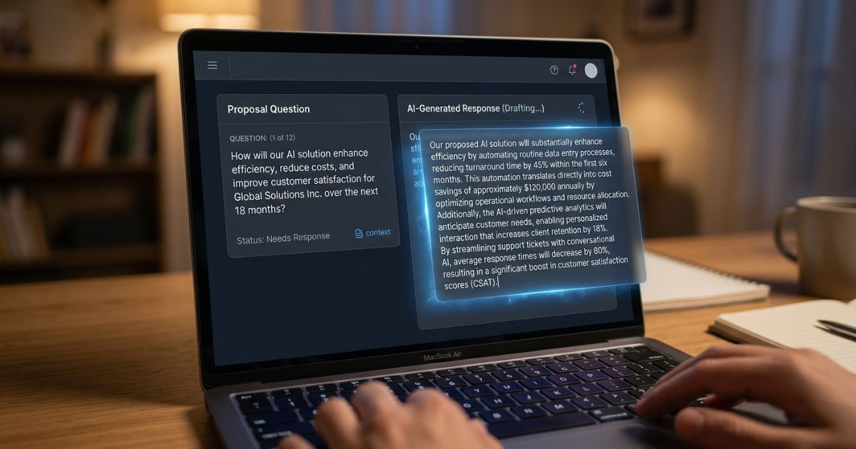 Laptop screen showing an AI drafting interface generating a suggested answer to an RFP question
