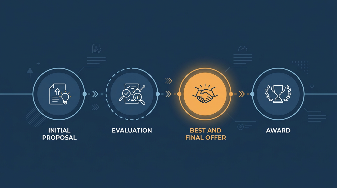 Procurement timeline showing initial proposal, evaluation, best and final offer, and award stages