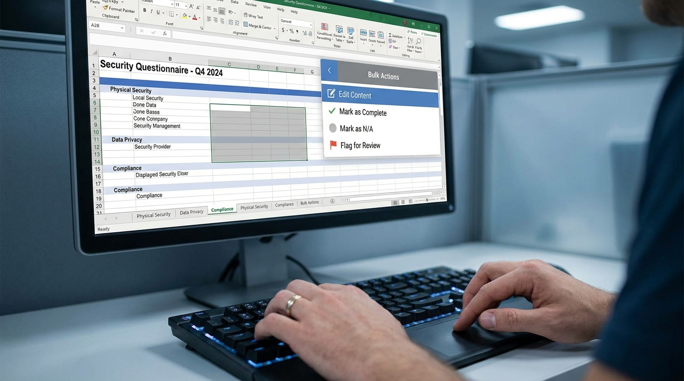 Person selecting a block of spreadsheet cells with a bulk edit menu open on a security questionnaire