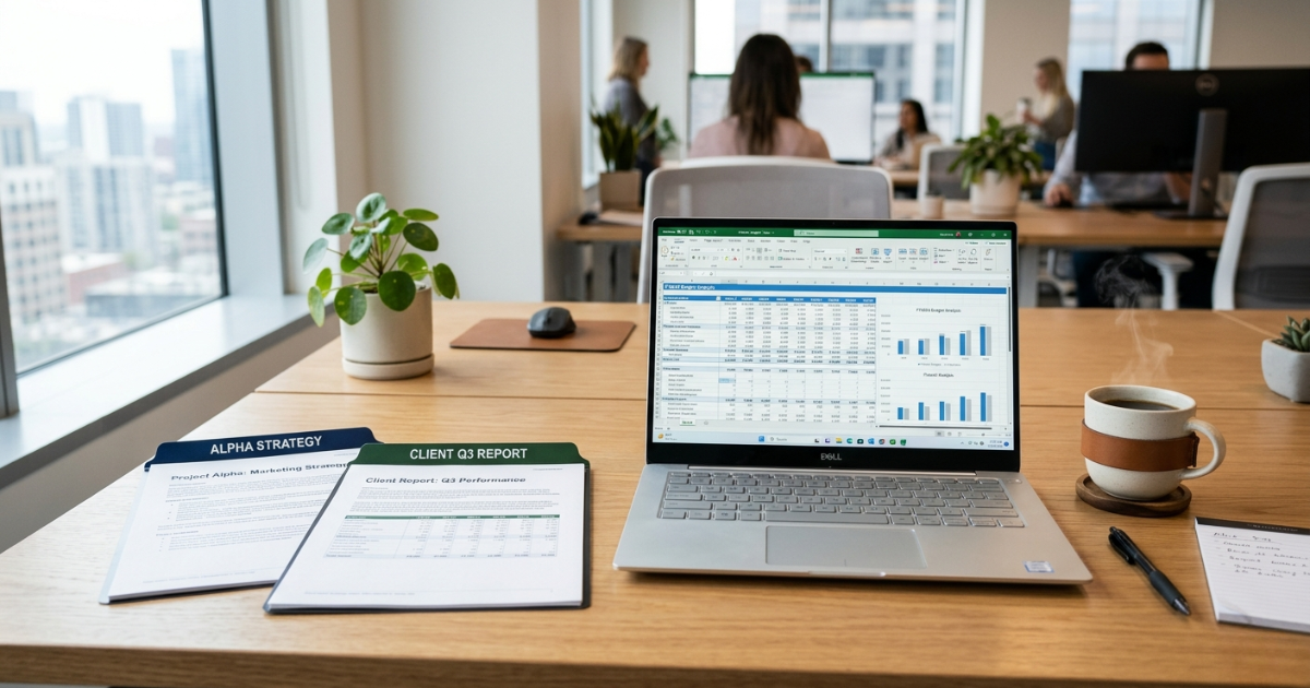 Two procurement documents side by side on a desk with a laptop