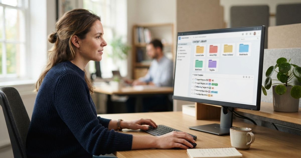 Person reviewing an organized content library on a monitor
