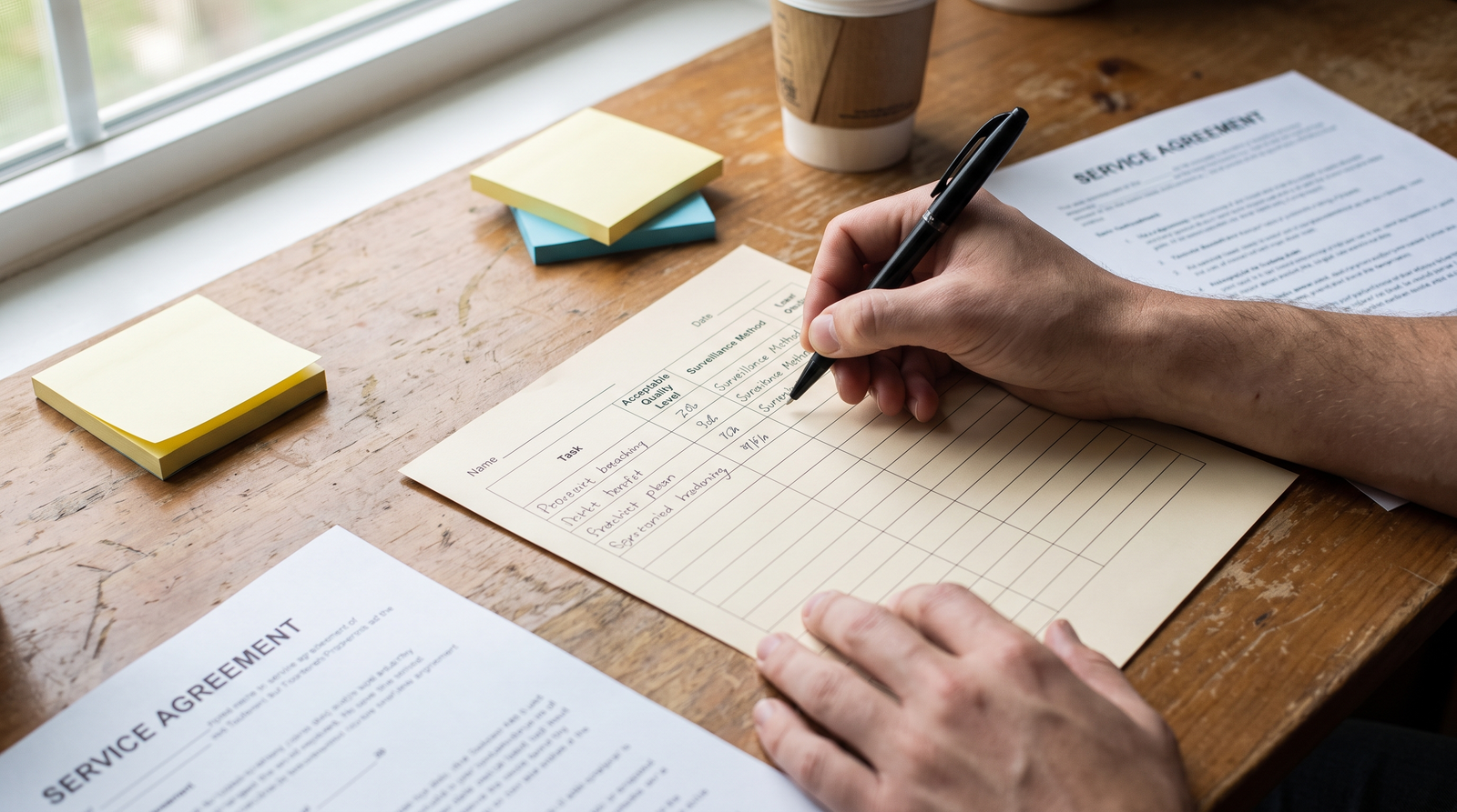 Hands completing a worksheet listing tasks, acceptable quality levels, and surveillance methods
