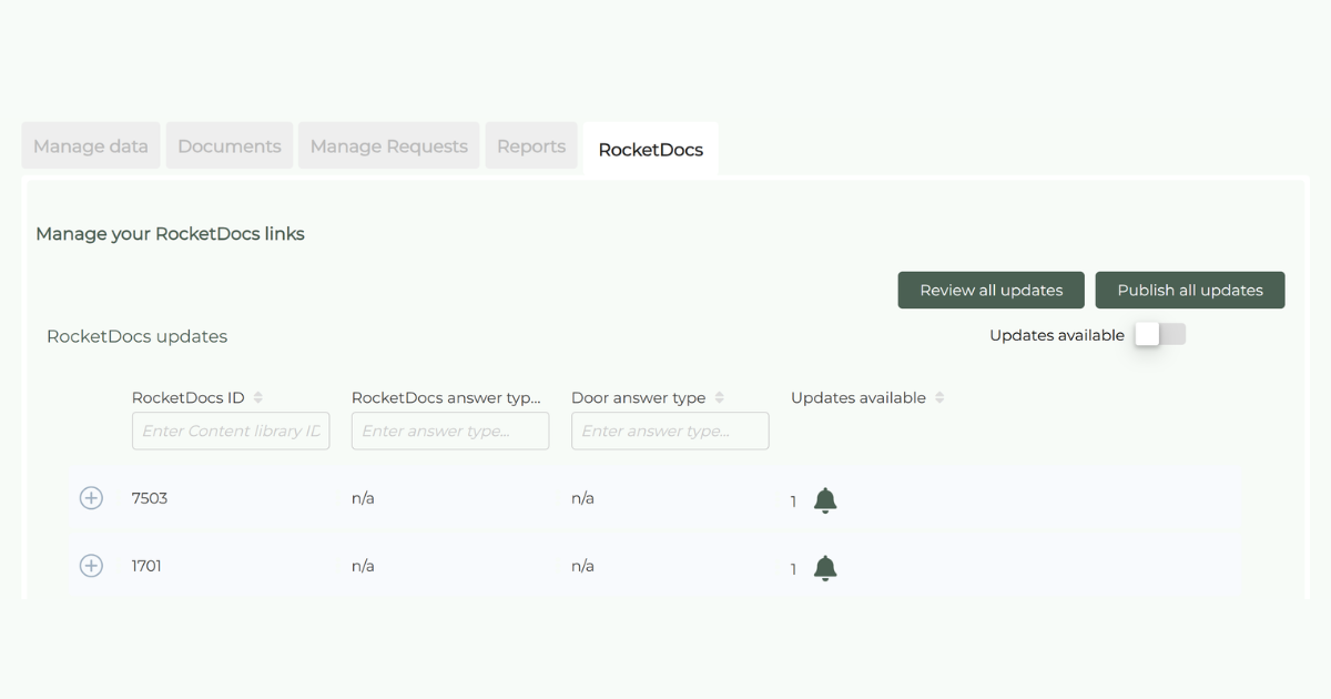 Dashboard table listing RocketDocs IDs with an updates available notification bell