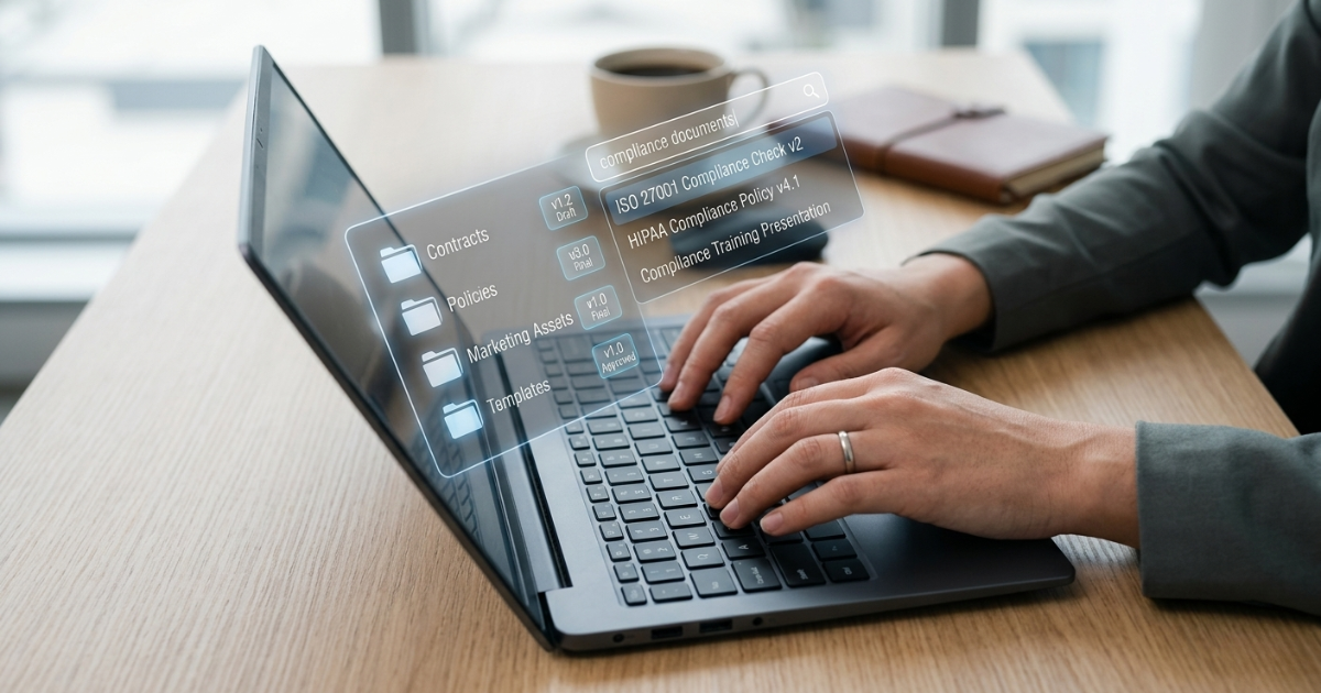 Hands typing on a laptop with a floating digital overlay showing versioned compliance documents organized into folders labeled Contracts, Policies, Marketing Assets, and Templates