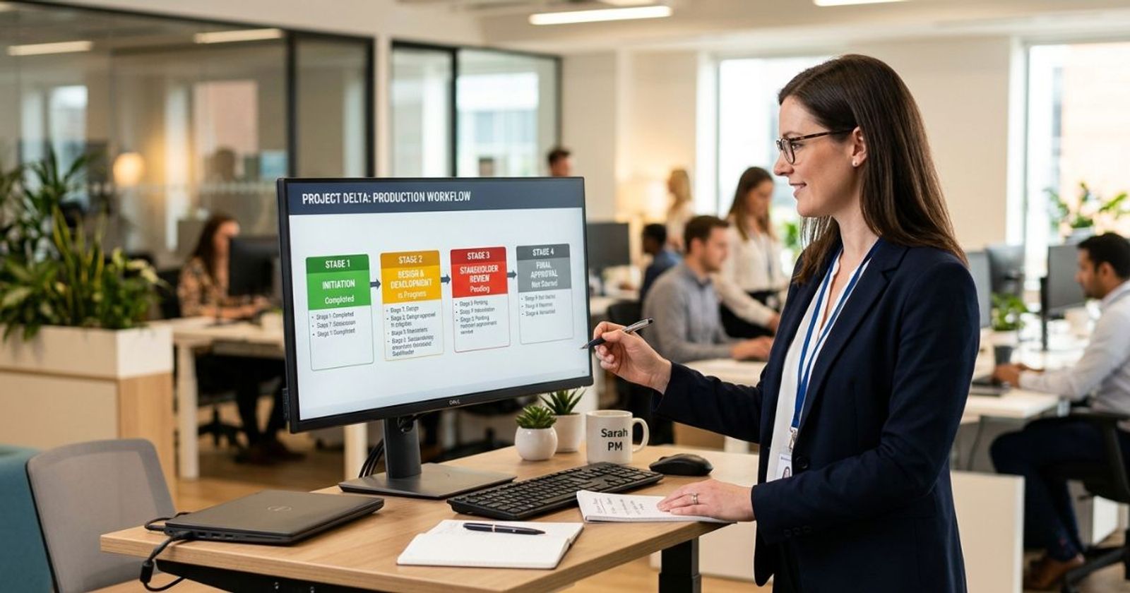 Project manager reviewing a four-stage approval workflow on a widescreen monitor