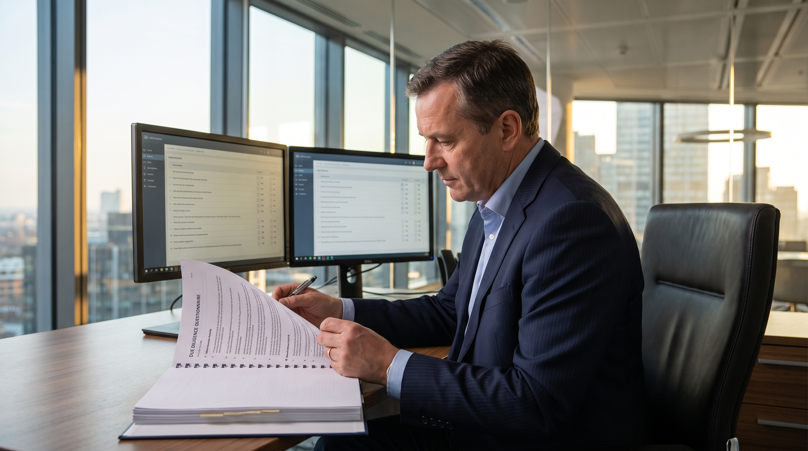 Compliance officer in a navy suit reviewing a printed correspondent banking due diligence questionnaire