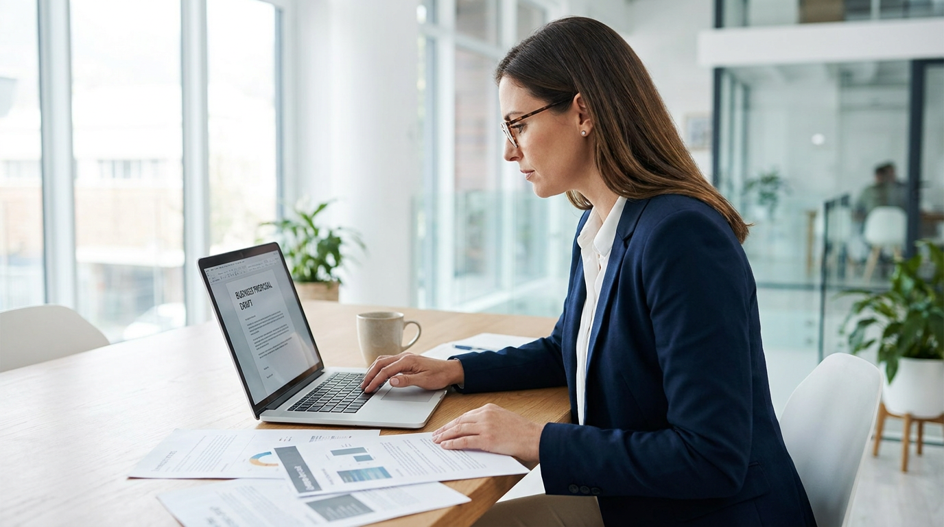 Sales professional drafting a business proposal on a laptop with printed pages on a bright office desk