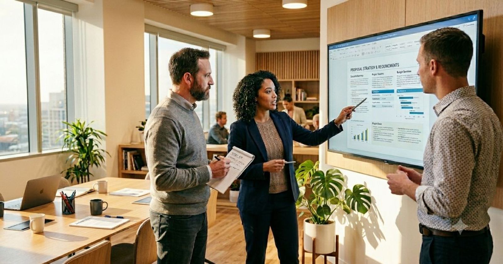 Three proposal team members reviewing an RFP response together on a monitor in a modern office