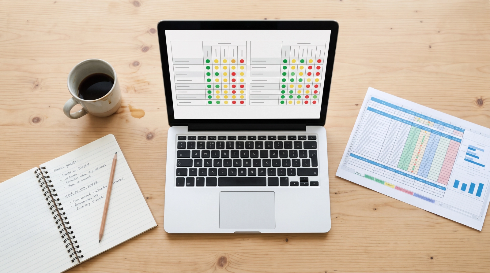 Laptop showing a vendor scorecard grid beside a printed spreadsheet, notebook, and coffee on a tidy desk