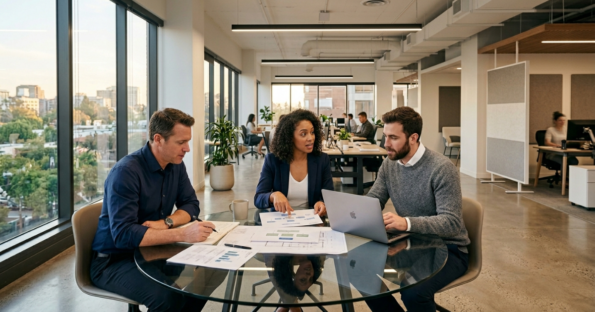 Three business professionals reviewing proposal documents together at a glass conference table