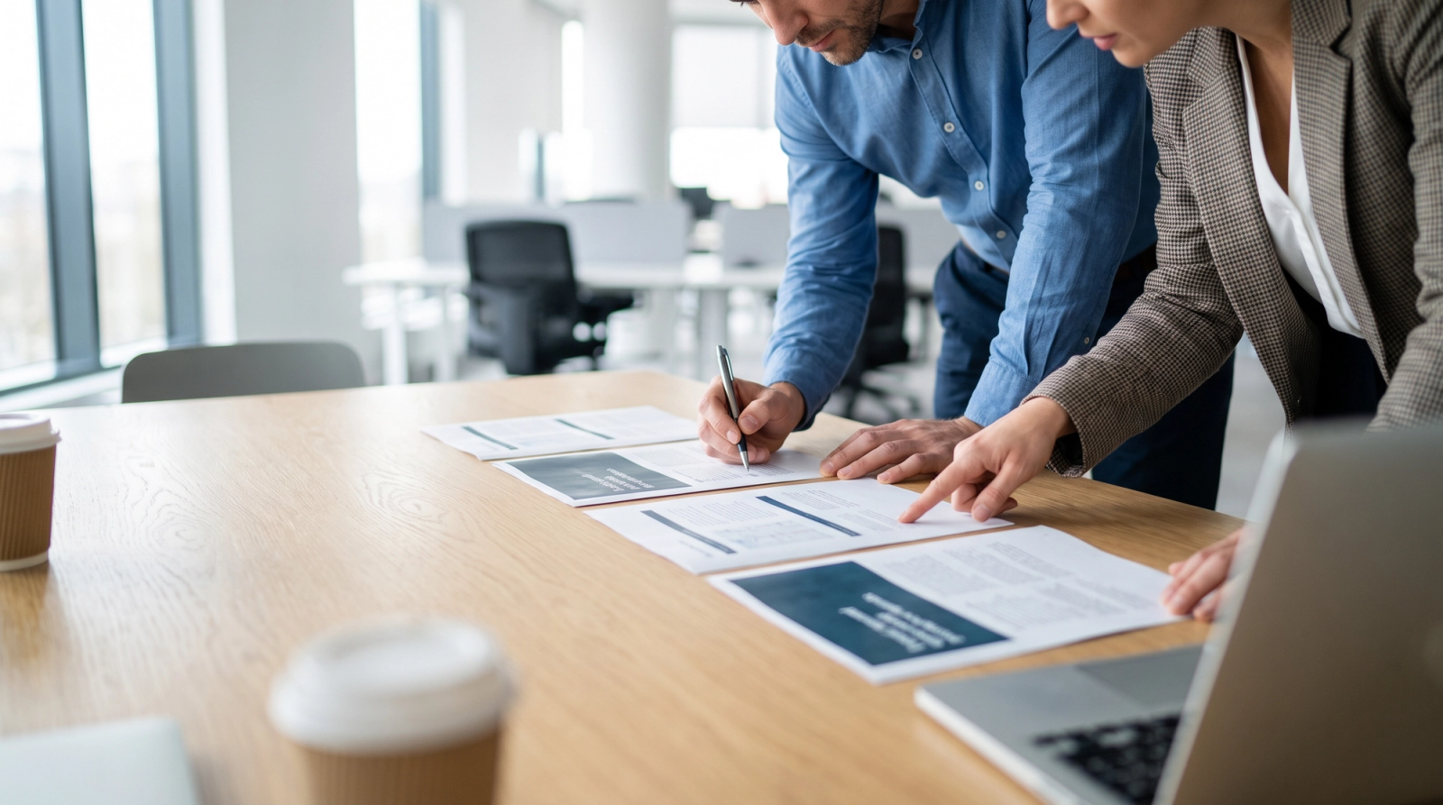 Two colleagues at a conference table laying out four printed document sections side by side