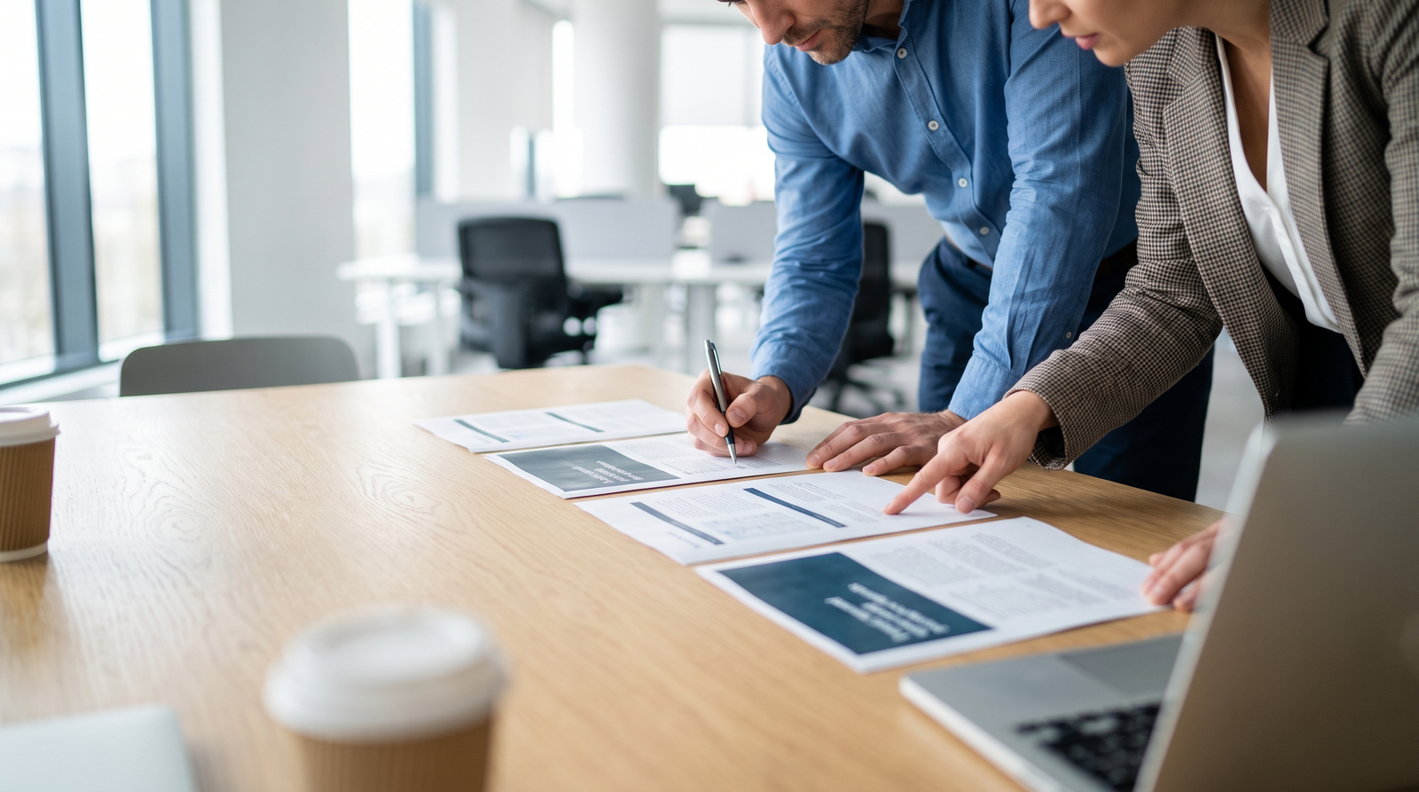 Two colleagues at a conference table laying out four printed document sections side by side