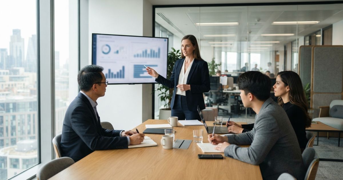 Colleagues in a review meeting discussing a document on a shared screen