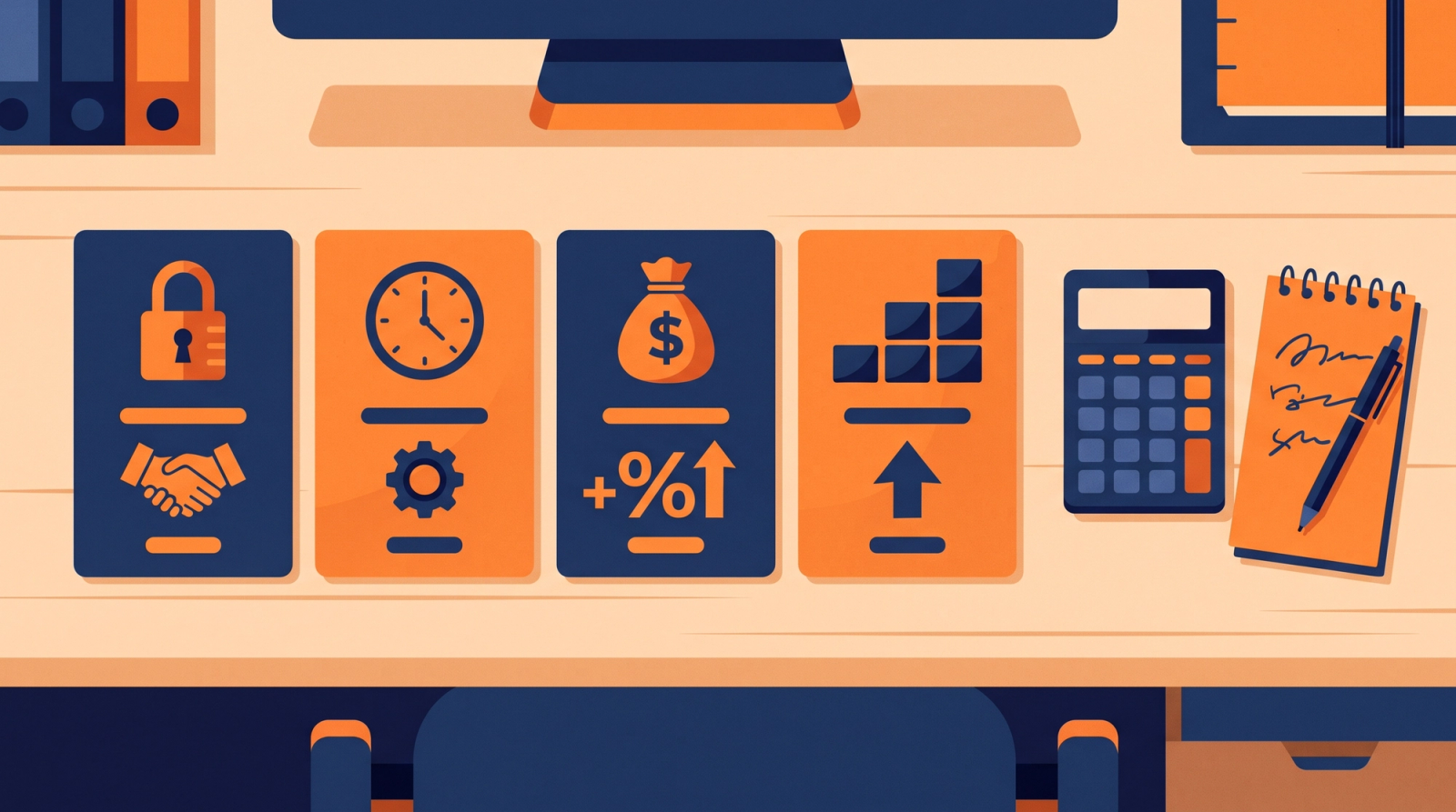 Four pricing model cards arranged on a desk beside a calculator and notepad