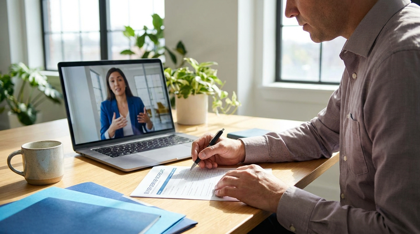 Two professionals taking notes during a buyer debrief video interview on a laptop