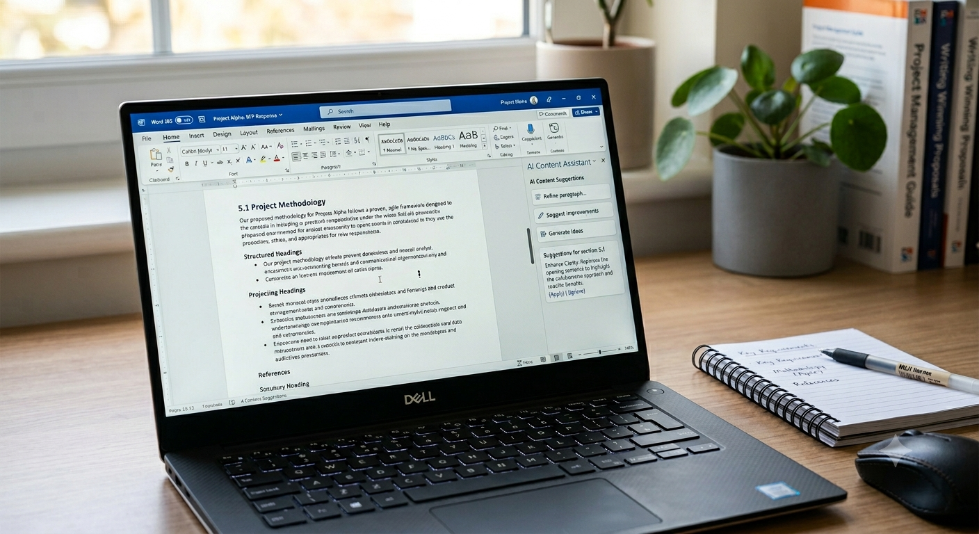 Laptop displaying an RFP document in Microsoft Word with an AI content suggestion sidebar open