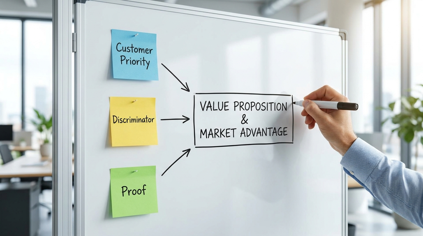 Whiteboard linking customer priority, discriminator, and proof into a single win theme