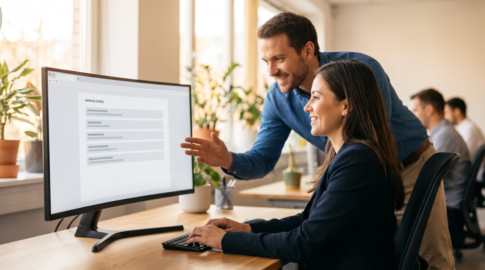 Two colleagues reviewing approved security answers together on a shared office monitor