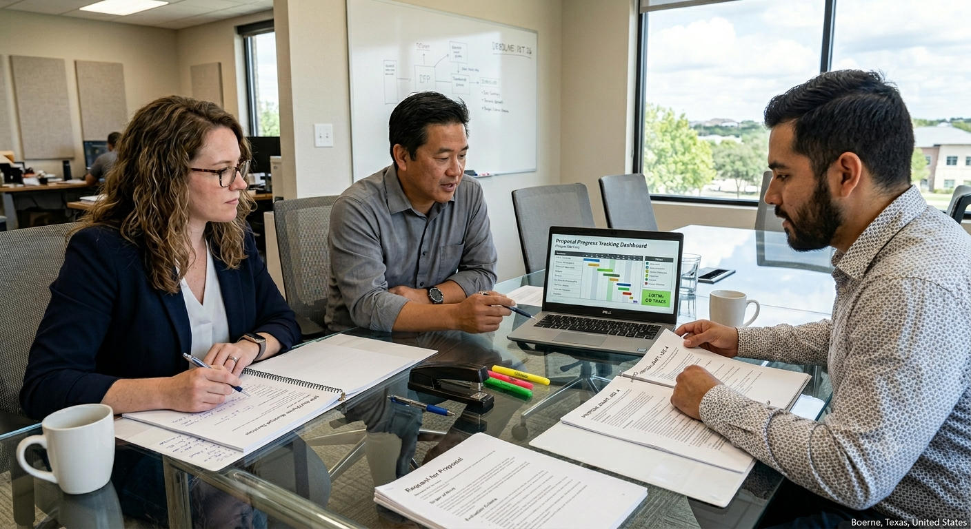 Three proposal professionals reviewing RFP documents and progress tracking at a conference table