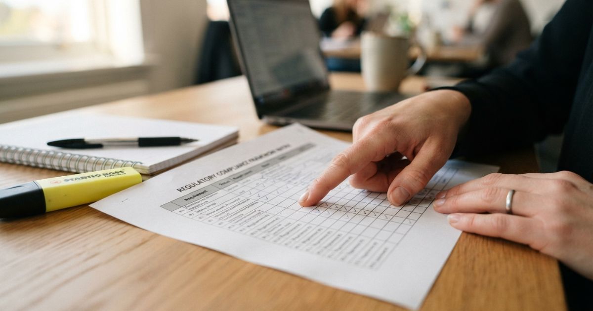Hands reviewing a printed compliance matrix table with a highlighter