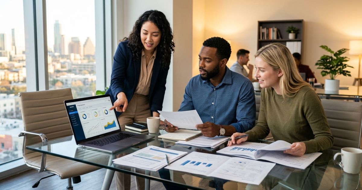 Three professionals collaborating over a laptop and printed proposal documents at a conference table
