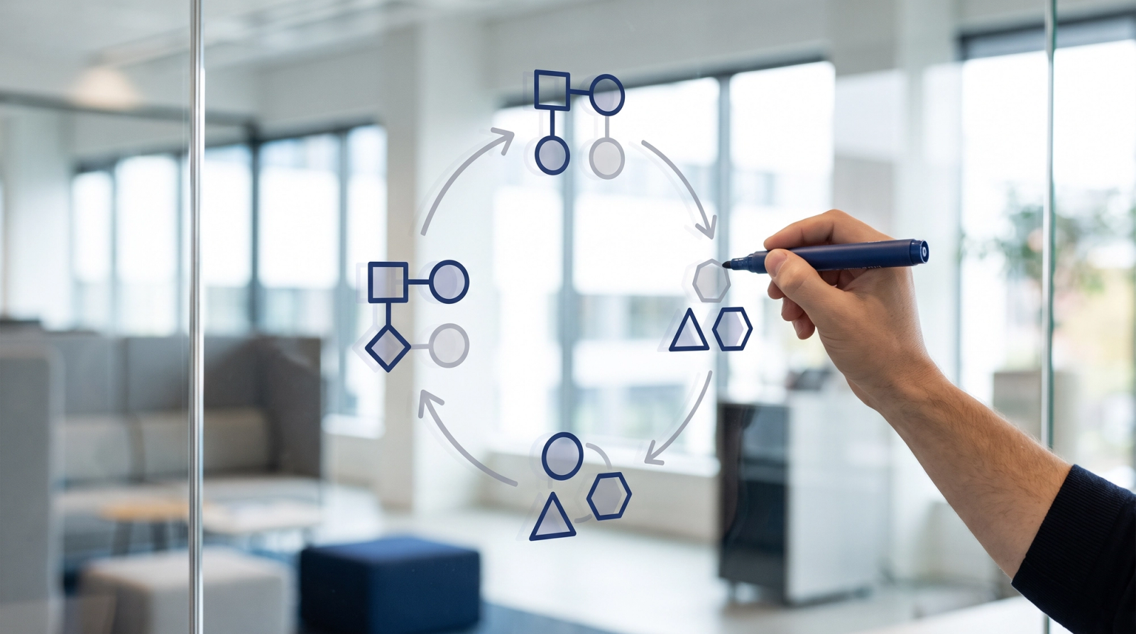 Whiteboard diagram showing four connected stages of an AI governance cycle