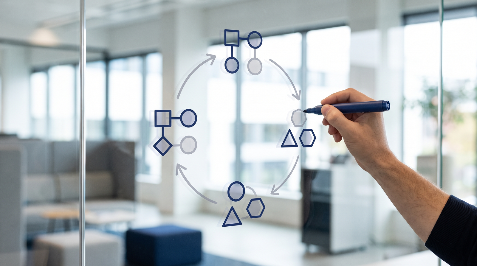 Whiteboard diagram showing four connected stages of an AI governance cycle