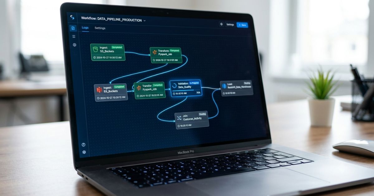 Laptop screen showing an automated data pipeline workflow with connected process nodes