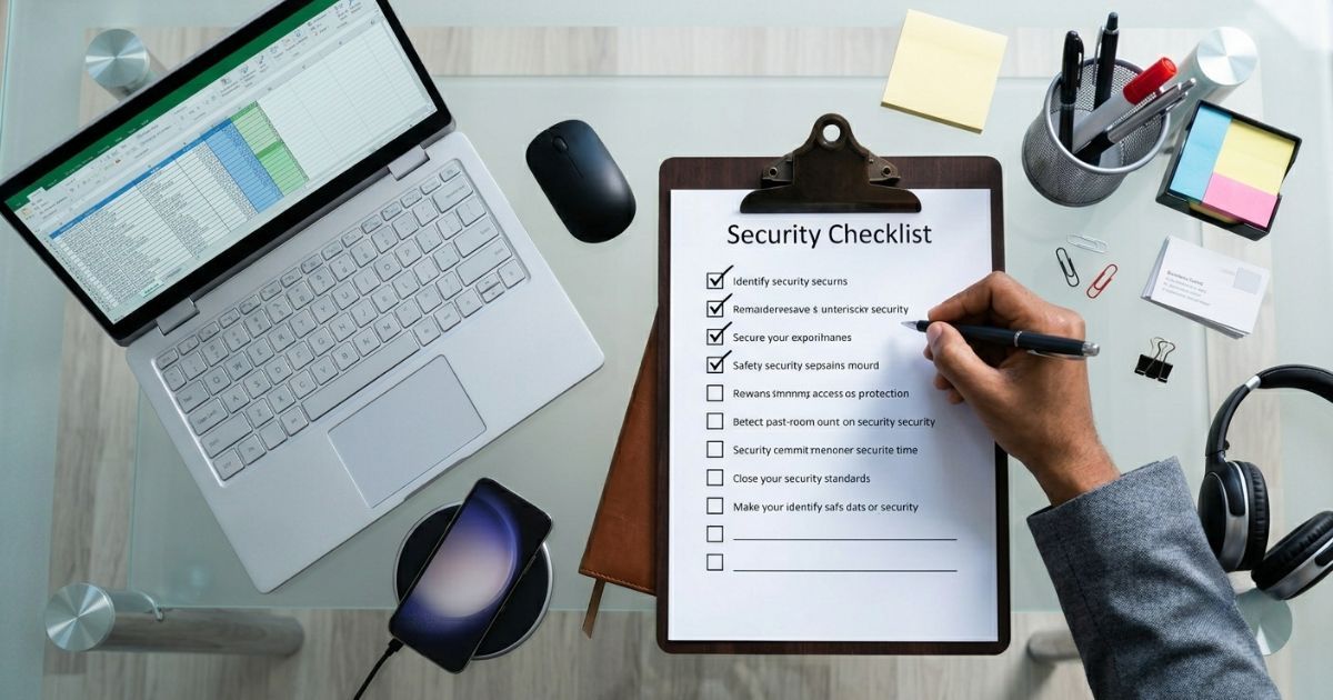 Printed security questionnaire checklist on a clipboard beside an open laptop on a desk
