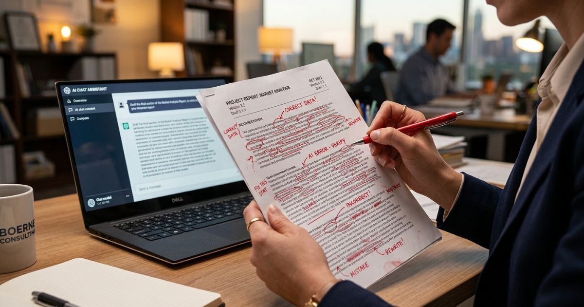 Professional reviewing a printed document with red correction marks beside a laptop showing an AI interface