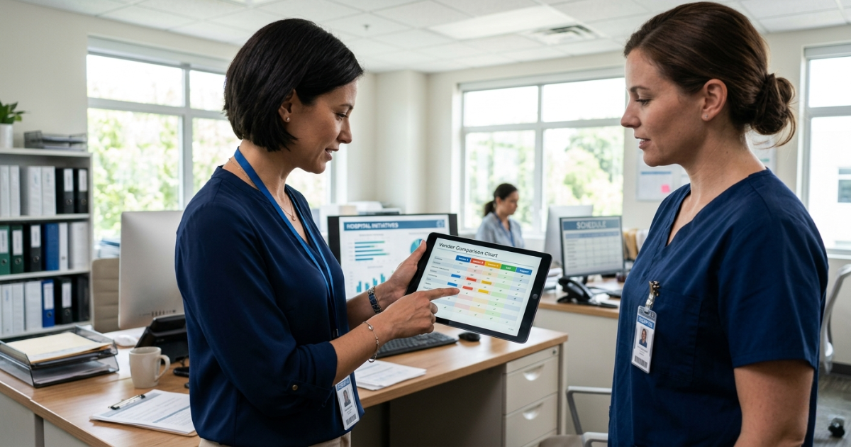 Hospital administrator and IT staff comparing vendor proposals on a laptop